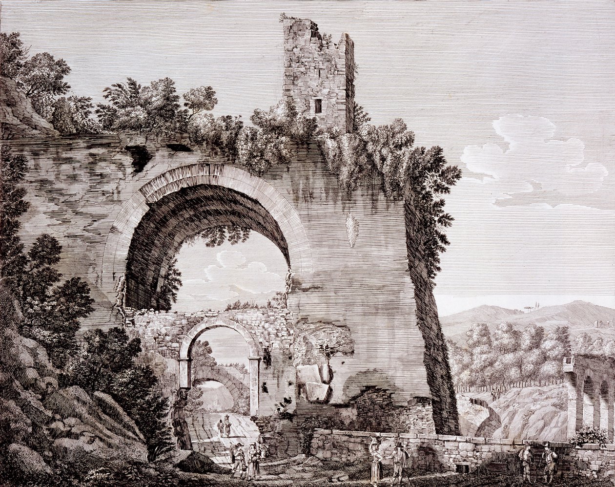 Claudius建造的渡槽的遗迹，从蒂沃利附近的Anio将水带到古罗马，c.1824-26 作者 路易吉·罗西尼（Luigi Rossini）