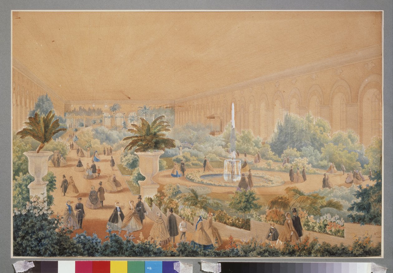 莫斯科马场的花展。Luigi Premazzi（1814-1891 年）的作品，纸上水彩和水粉画 作者 路易吉·普雷马齐（Luigi Premazzi）