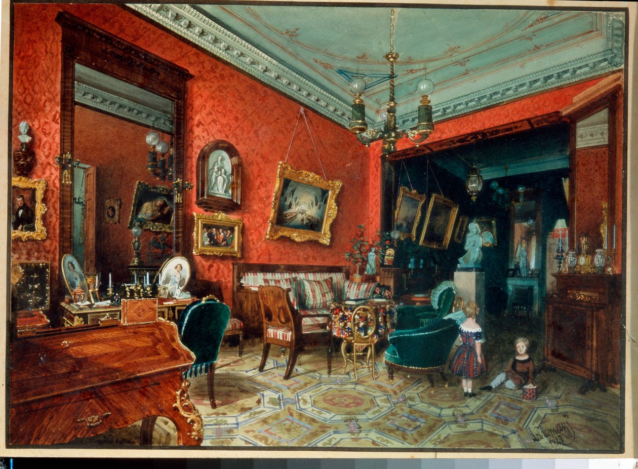 "两个孩子在客厅里玩耍 - 水彩画，作者路易吉-普雷马齐（1814-1891 年），约 1840 年 私人收藏 作者 路易吉·普雷马齐（Luigi Premazzi）