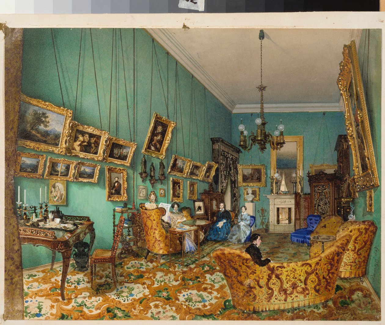 客厅内部（描述 19 世纪俄罗斯的装饰和家具）。Luigi Premazzi（1814-1891 年）的作品，纸上水彩画 作者 路易吉·普雷马齐（Luigi Premazzi）