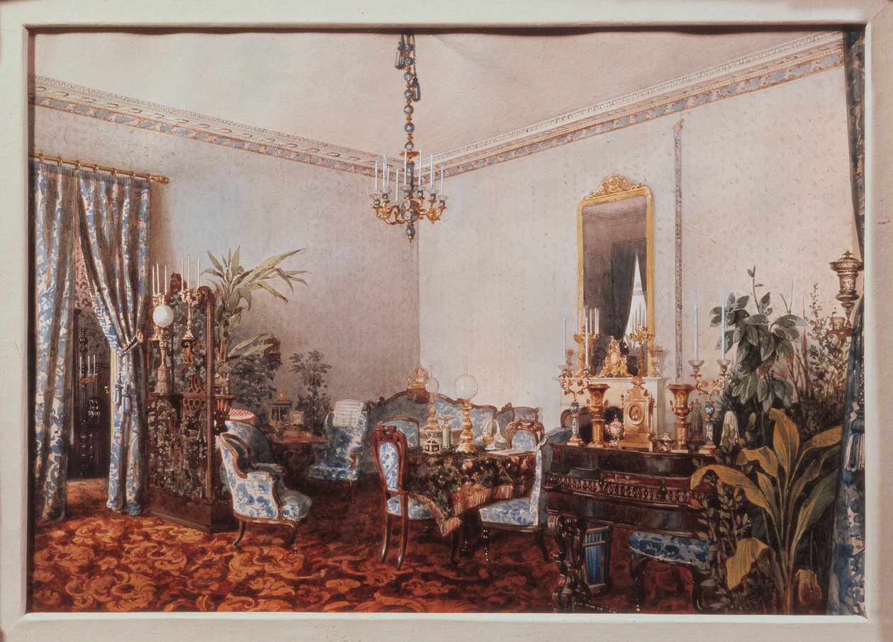 Varvara Obreskova 家的客厅。Luigi Premazzi（1814-1891 年）的作品，纸上水彩画 作者 路易吉·普雷马齐（Luigi Premazzi）