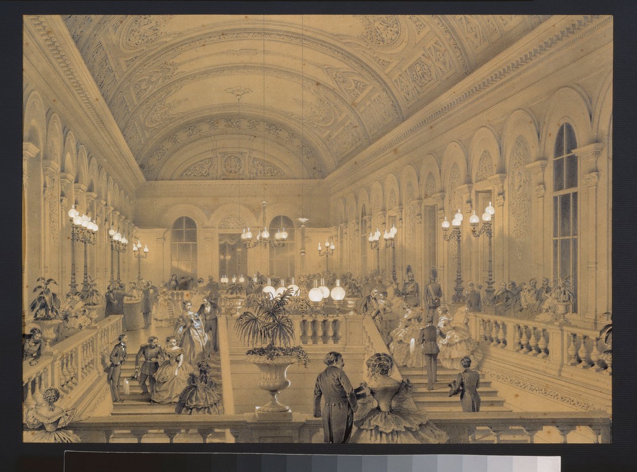 圣彼得堡大剧院的楼梯。Luigi Premazzi（1814-1891 年）的作品，纸上水彩和白描，约 1850 年。意大利艺术 作者 路易吉·普雷马齐（Luigi Premazzi）
