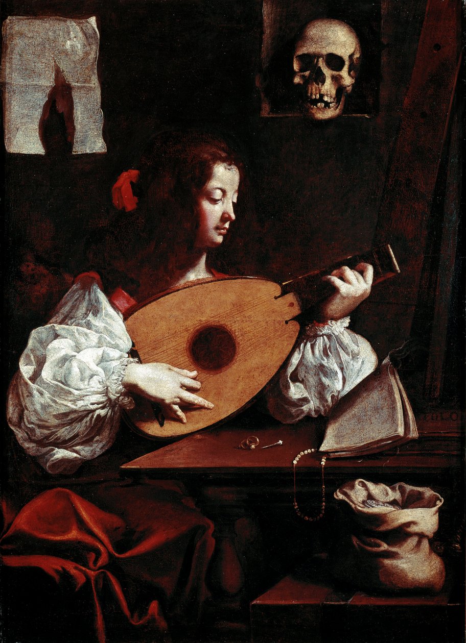 琵琶演奏者 在乐谱附近，摆出两个圆环，一个大头针和一个头骨 (vanitas) 放在支架上。 Luigi Miradori dit Il Genovesino (1600/10-1655/57) 绘画 17 世纪 Galleria di Palazzo Rosso Genes Italy 作者 路易吉·米拉多里