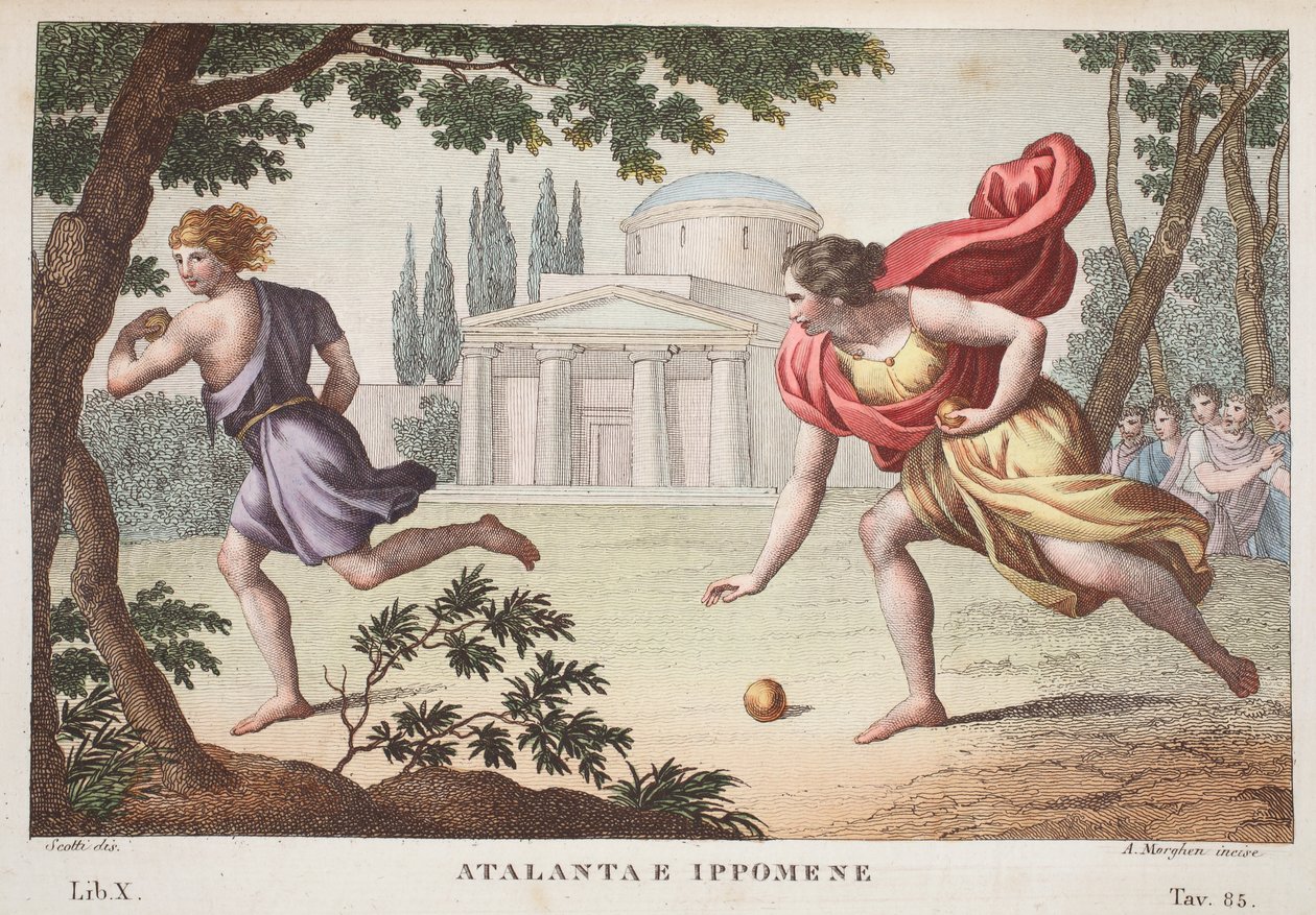 Atalanta和Hippomenes或Atalanta e Ippomene，Book X，图片来自Ovid&39;s Metamorphoses，佛罗伦萨，1832年（手工彩色雕刻） 作者 路易吉·阿德莫洛