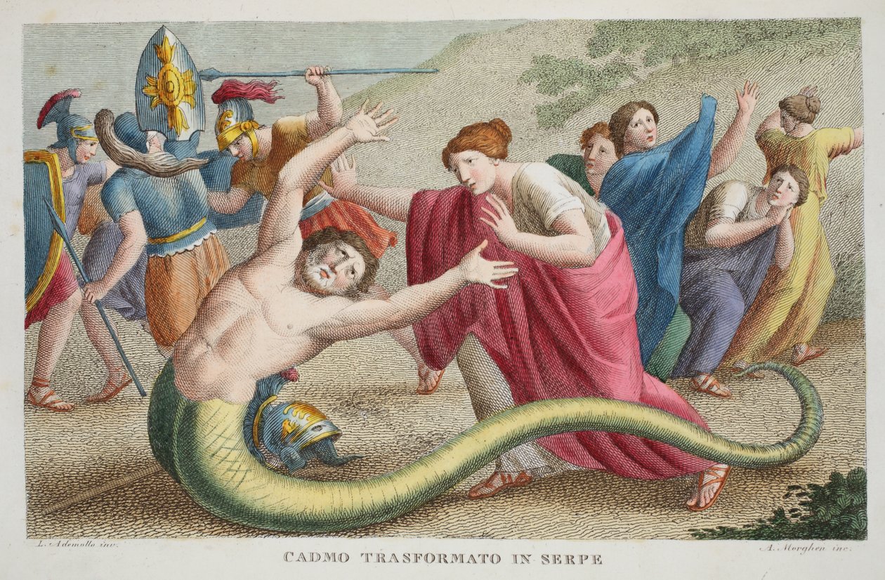 卡德摩斯成为Serpent或Cadmo Transformato in Serpe，Book IV，插图来自Ovid&39;s Metamorphoses，佛罗伦萨，1832年（手工彩色雕刻） 作者 路易吉·阿德莫洛