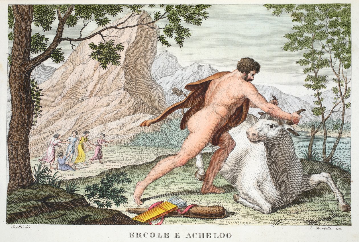 赫拉克勒斯和Achelous或Ercole e Acheloo，第九册，插图来自Ovid的变形记，佛罗伦萨，1832年（手工彩色雕刻） 作者 路易吉·阿德莫洛