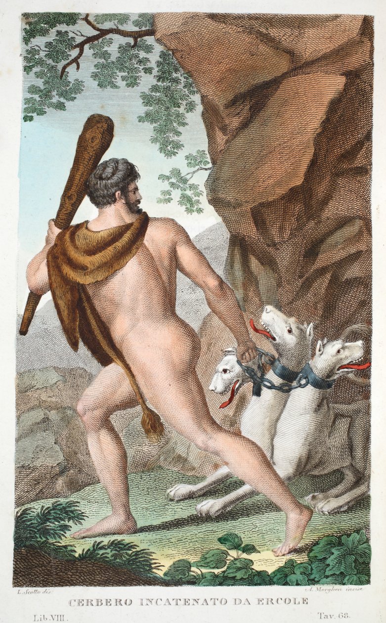 Hercules和Cerberus或Cerbero Incatenato da Ercole，第七册，插图来自奥维德的变形记，佛罗伦萨，1832年（手工彩色雕刻） 作者 路易吉·阿德莫洛