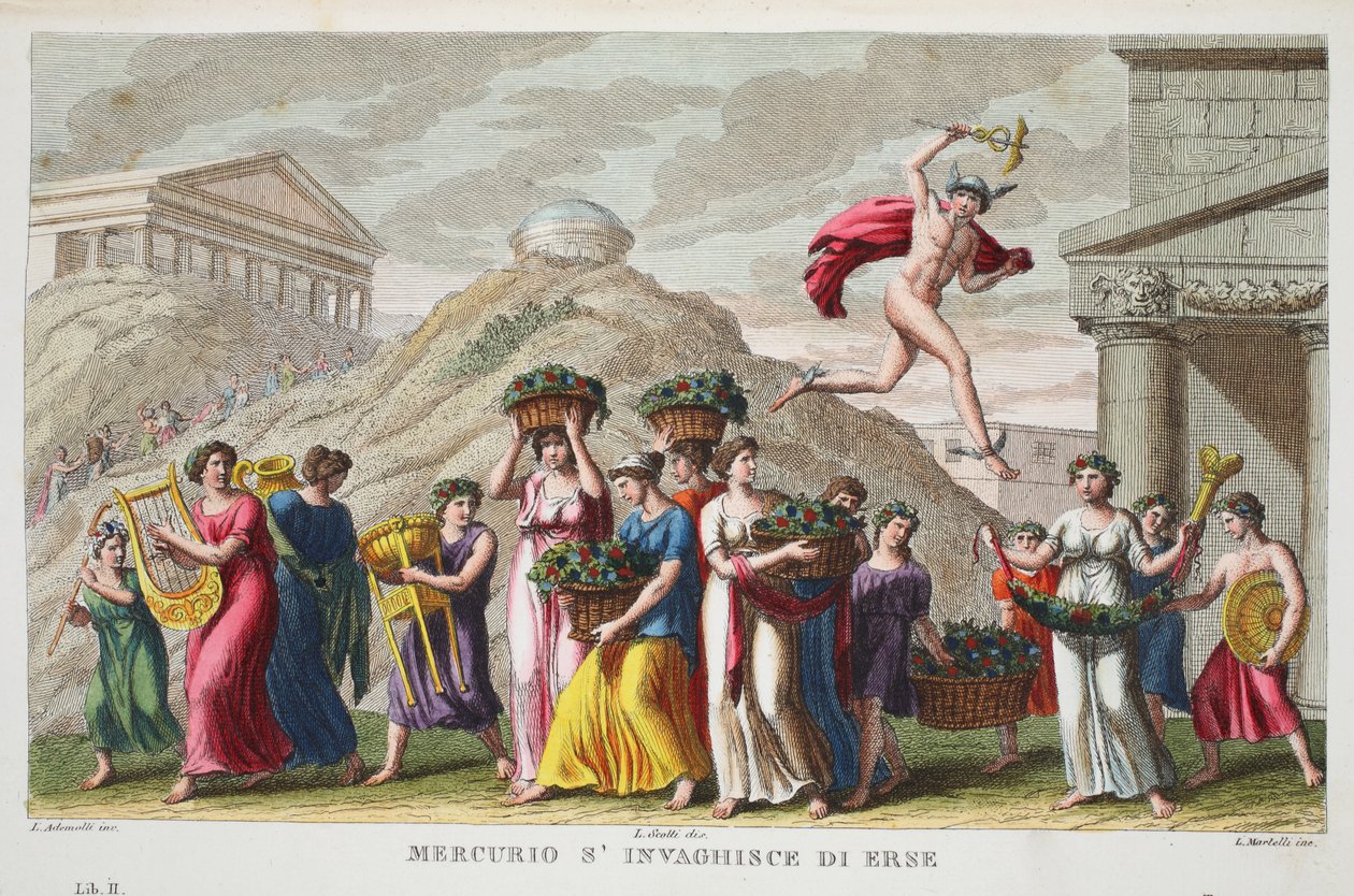 水星爱上了Herse或Mercurion s&39;invaghisce di Erse，插图来自奥维德的变形记，佛罗伦萨，1832年（手工雕刻） 作者 路易吉·阿德莫洛