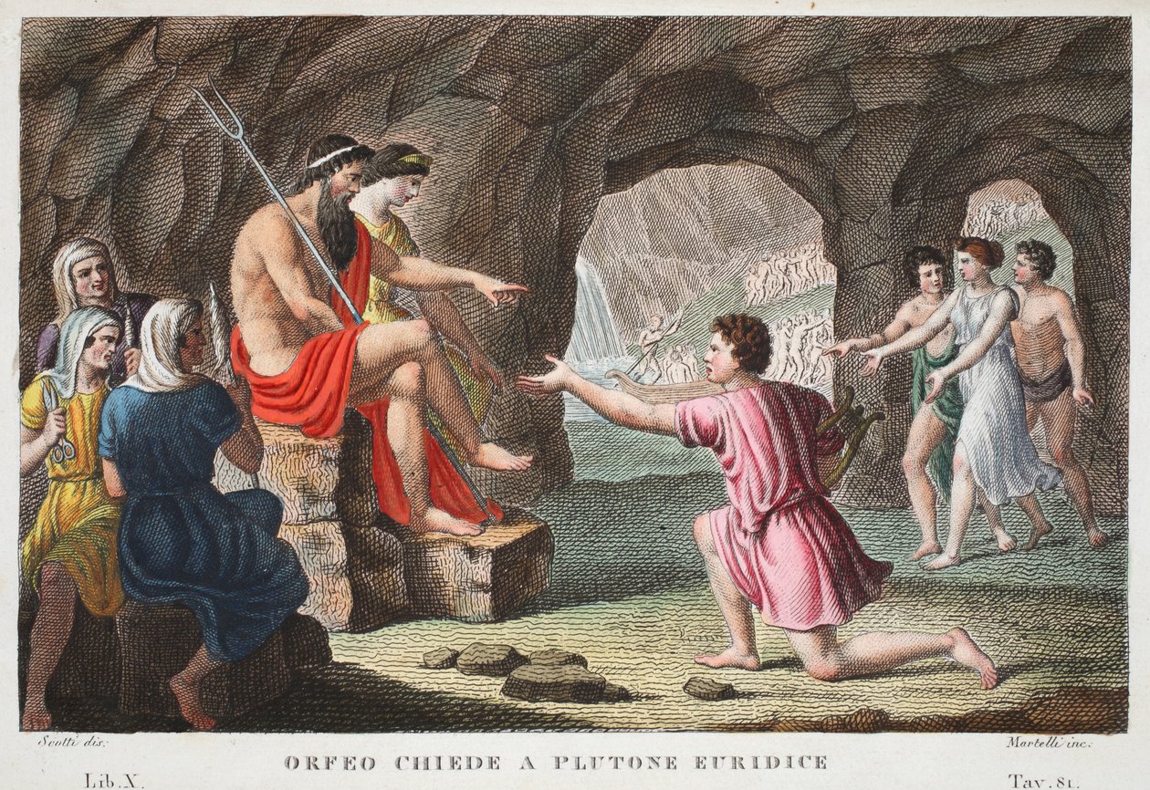 地狱中的Orpheus或Orfeo Chiede的Plutone Euridice，书籍X，奥维德的变形记的插图，佛罗伦萨，1832年（手工彩色雕刻） 作者 路易吉·阿德莫洛