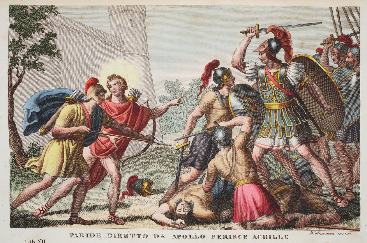 巴黎杀死Achilles或Paride diretto da Apollo Ferince Achille，Book XIII，插图来自奥维德的变形记，佛罗伦萨，1832年（手工彩色雕刻） 作者 路易吉·阿德莫洛