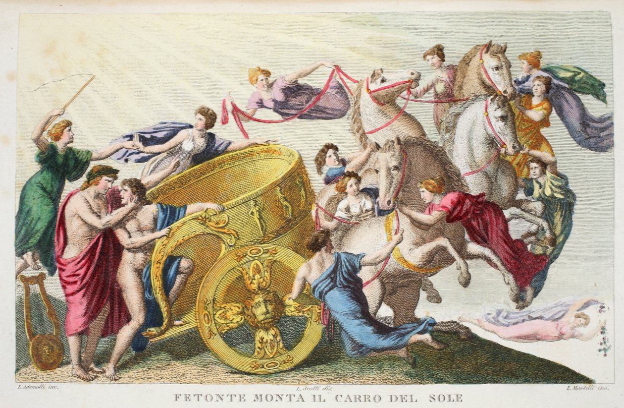 Phaeton驱动太阳战车或Fetonte Monta il Carro del Sole，第二册，插图来自Ovid的变形记，佛罗伦萨，1832年（手工彩色雕刻） 作者 路易吉·阿德莫洛
