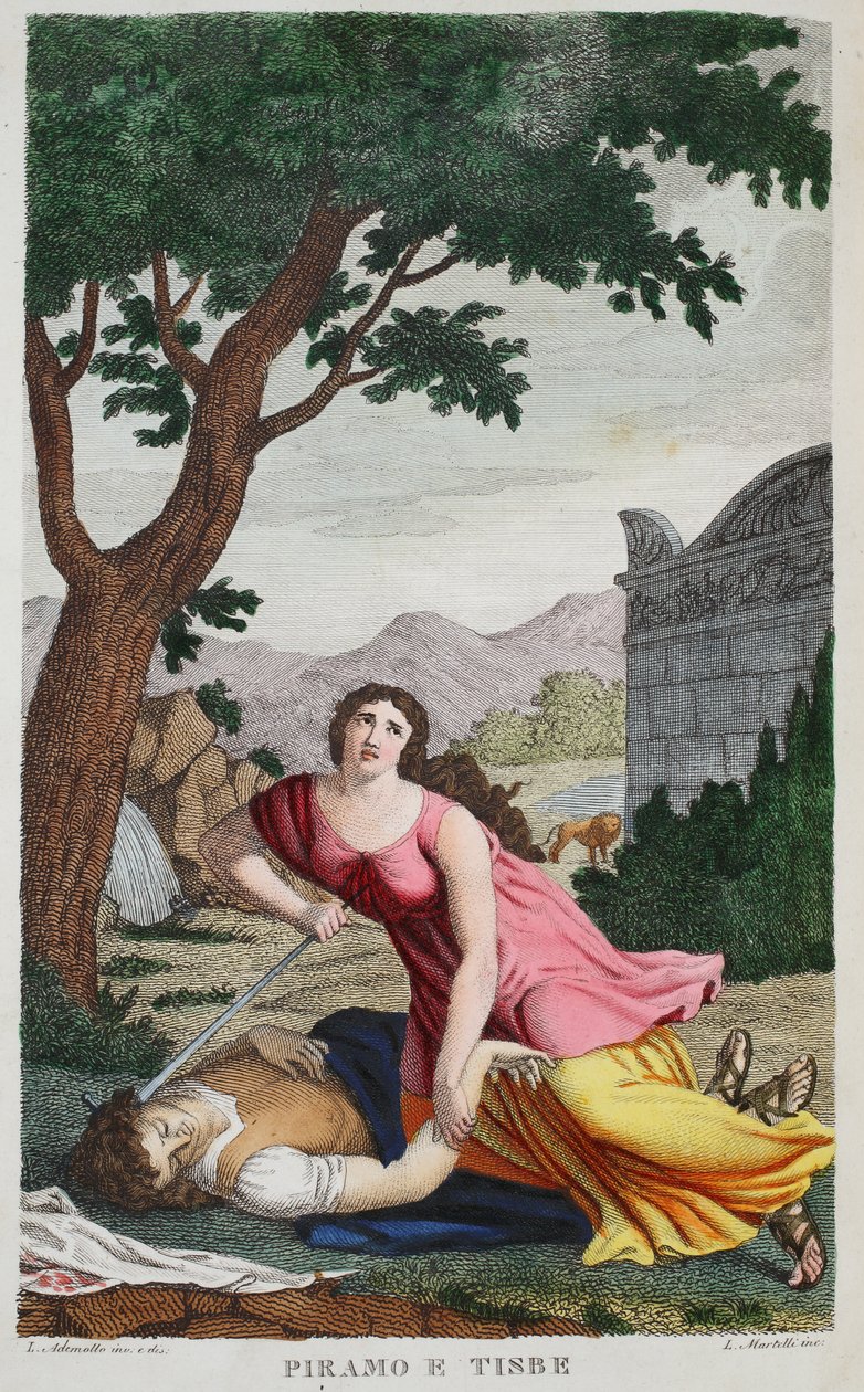 Pyramus和Thisbe或Piramo e Tisbe，第四册，插图来自Ovid&39;s Metamorphoses，佛罗伦萨，1832年（手工彩色雕刻） 作者 路易吉·阿德莫洛