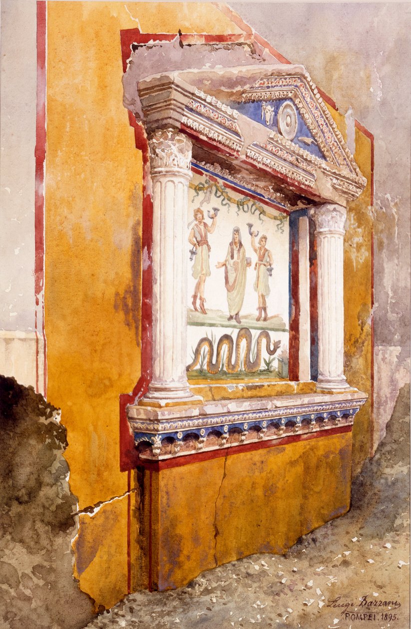 家庭祭坛的Lararium，在挖掘后原地看到，Aulus Vettius的房子，庞贝城，c.36-39 AD，1895 作者 路易吉·巴扎尼（Luigi Bazzani）