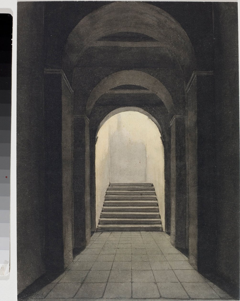 热那亚嘉布遣修道院的走廊透视（水彩画，约1825年 作者 路易吉·加里波