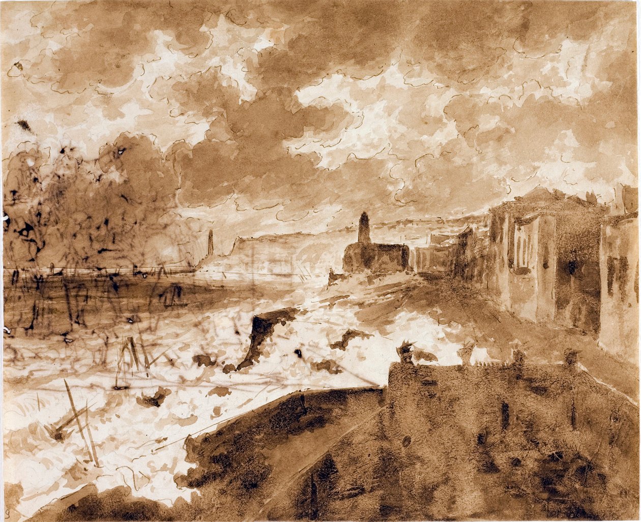 1821 年涨潮期间的热那亚海滨（水彩，约 1821 年） 作者 路易吉·加里波