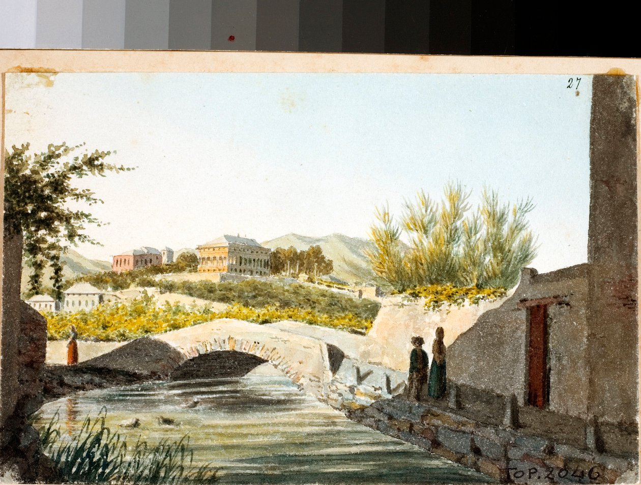热那亚阿尔巴罗区的萨卢佐邦布里尼别墅景观（绘画和水彩画，约 1825 年） 作者 路易吉·加里波