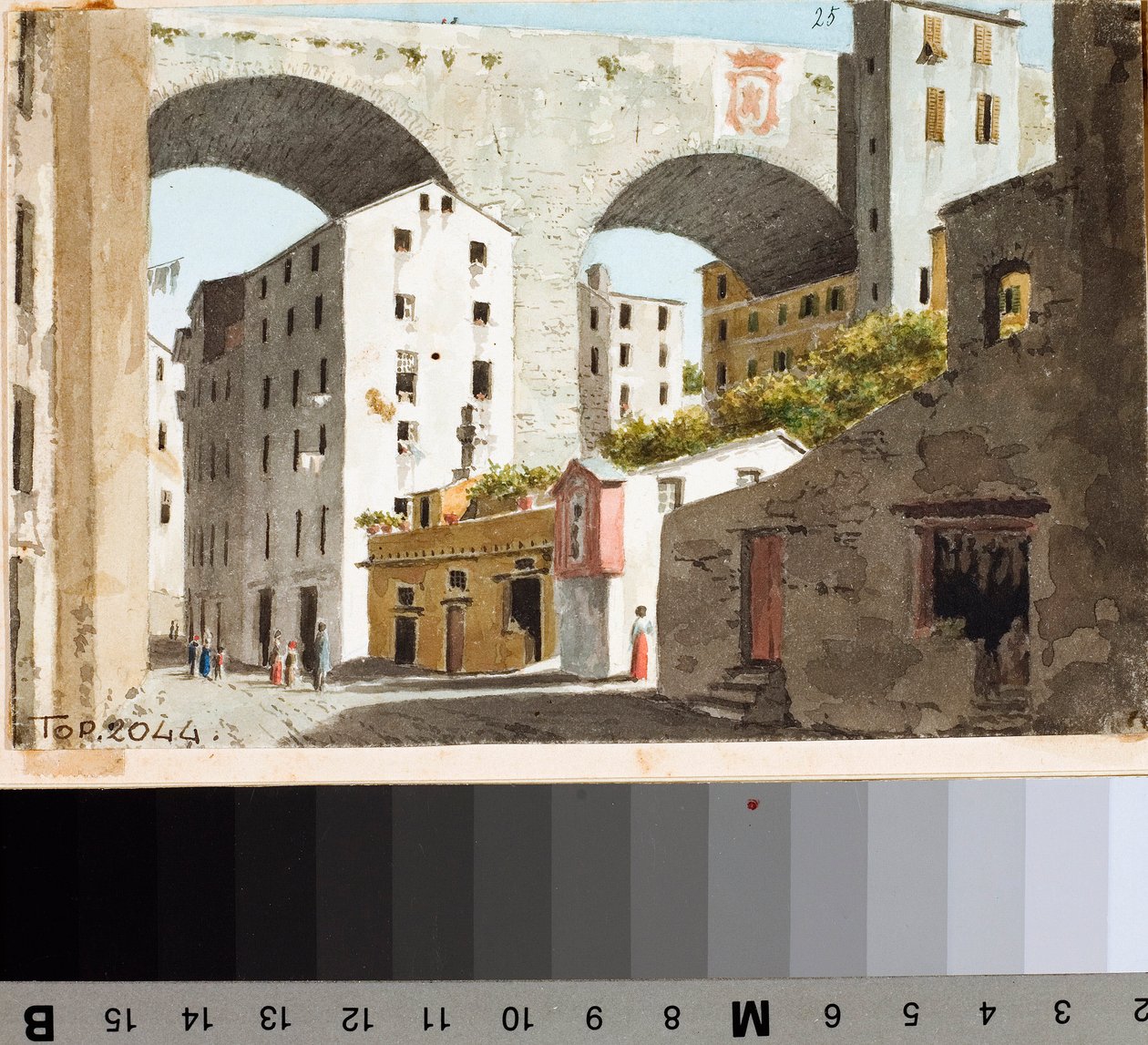 热那亚卡里尼亚诺桥的景色（素描和水彩画，约1825年 作者 路易吉·加里波