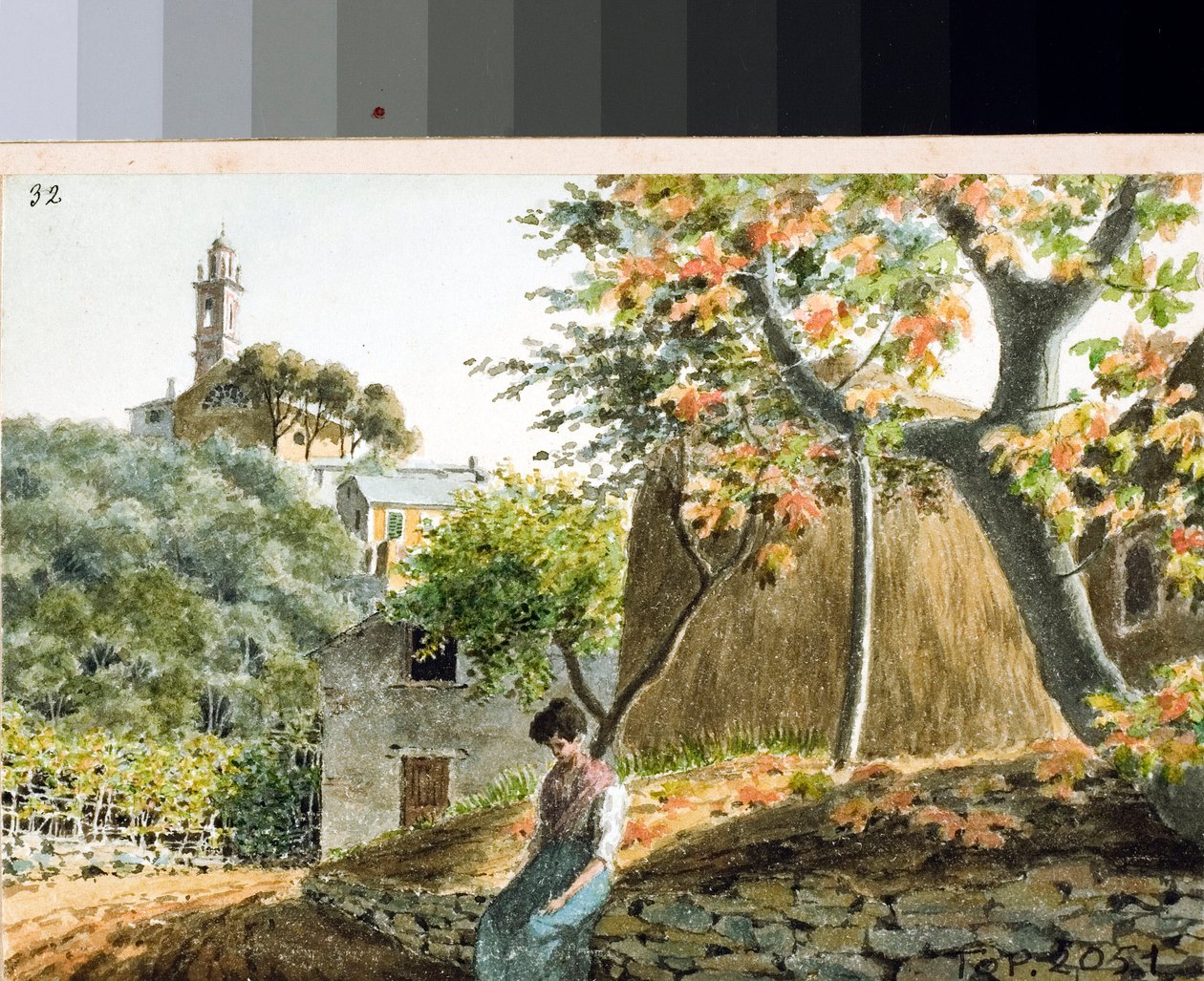 热那亚 Staglieno 山上圣巴托洛梅奥教堂的景色（绘画和水彩画，约 1825 年） 作者 路易吉·加里波
