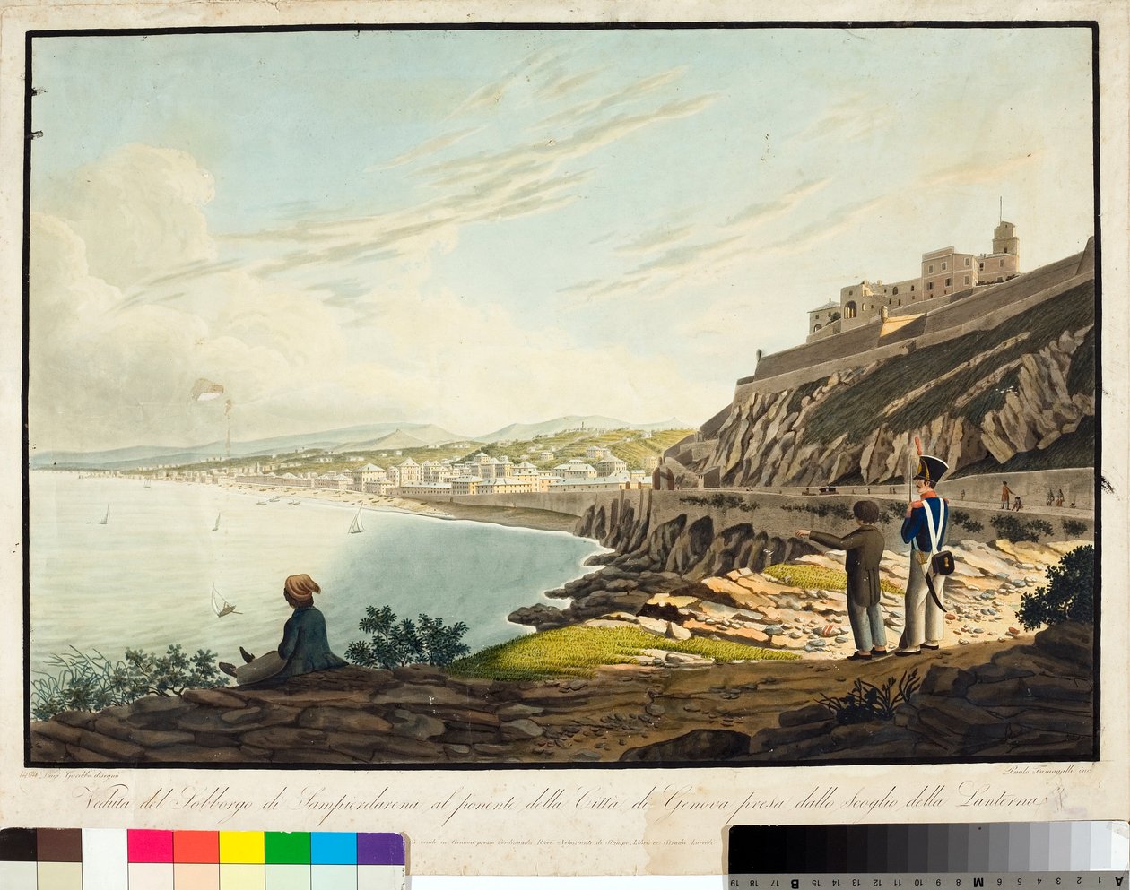 从灯塔看热那亚以西的 Sampierdarena 区。 （蚀刻，c.1813-1814） 作者 路易吉·加里波