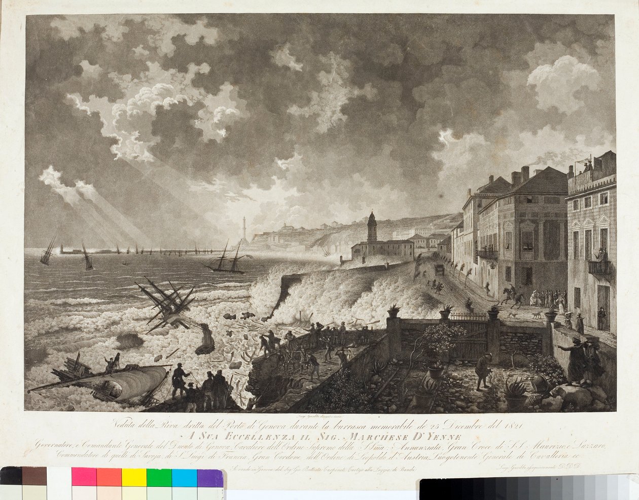 1821 年 12 月 25 日 Tempete 期间热那亚港口的景色（雕刻，约 1821 年） 作者 路易吉·加里波