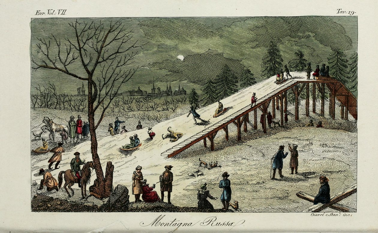 过山车。朱利奥·费拉里奥（Giulio Ferrario）的古代和现代风俗或政府史插图，1831年 作者 路易吉·贾雷（LuigiGiarrè）