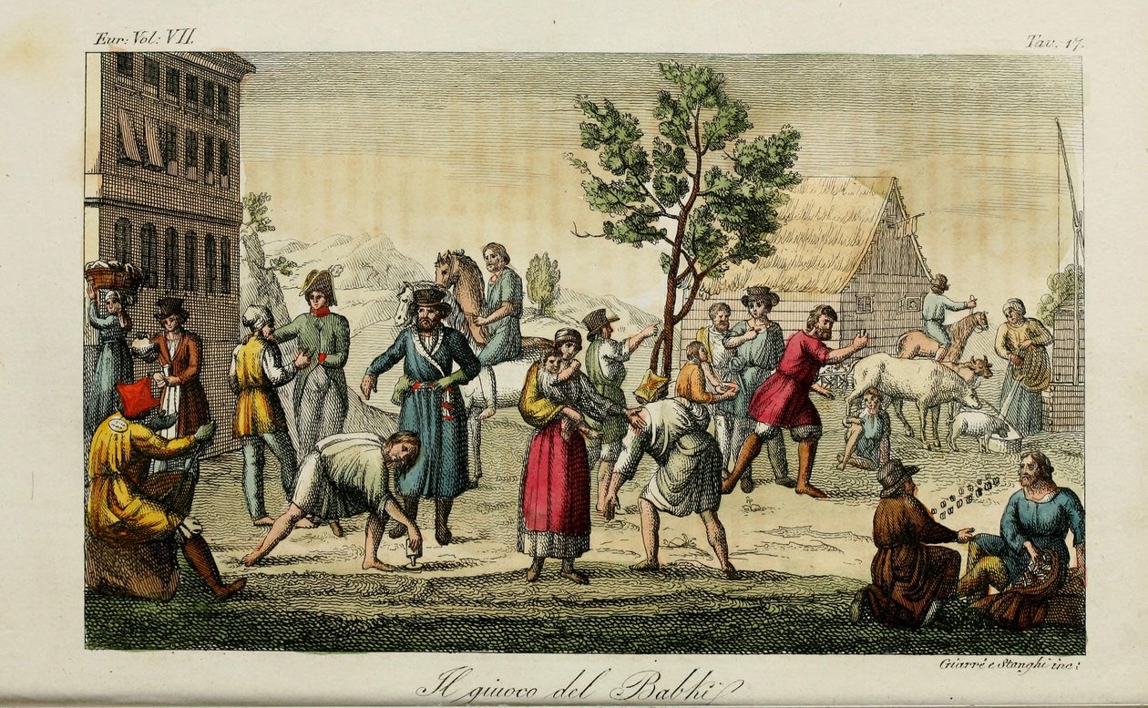 掷距骨。朱利奥·费拉里奥（Giulio Ferrario）的古代和现代风俗或政府史插图，1831年 作者 路易吉·贾雷（LuigiGiarrè）