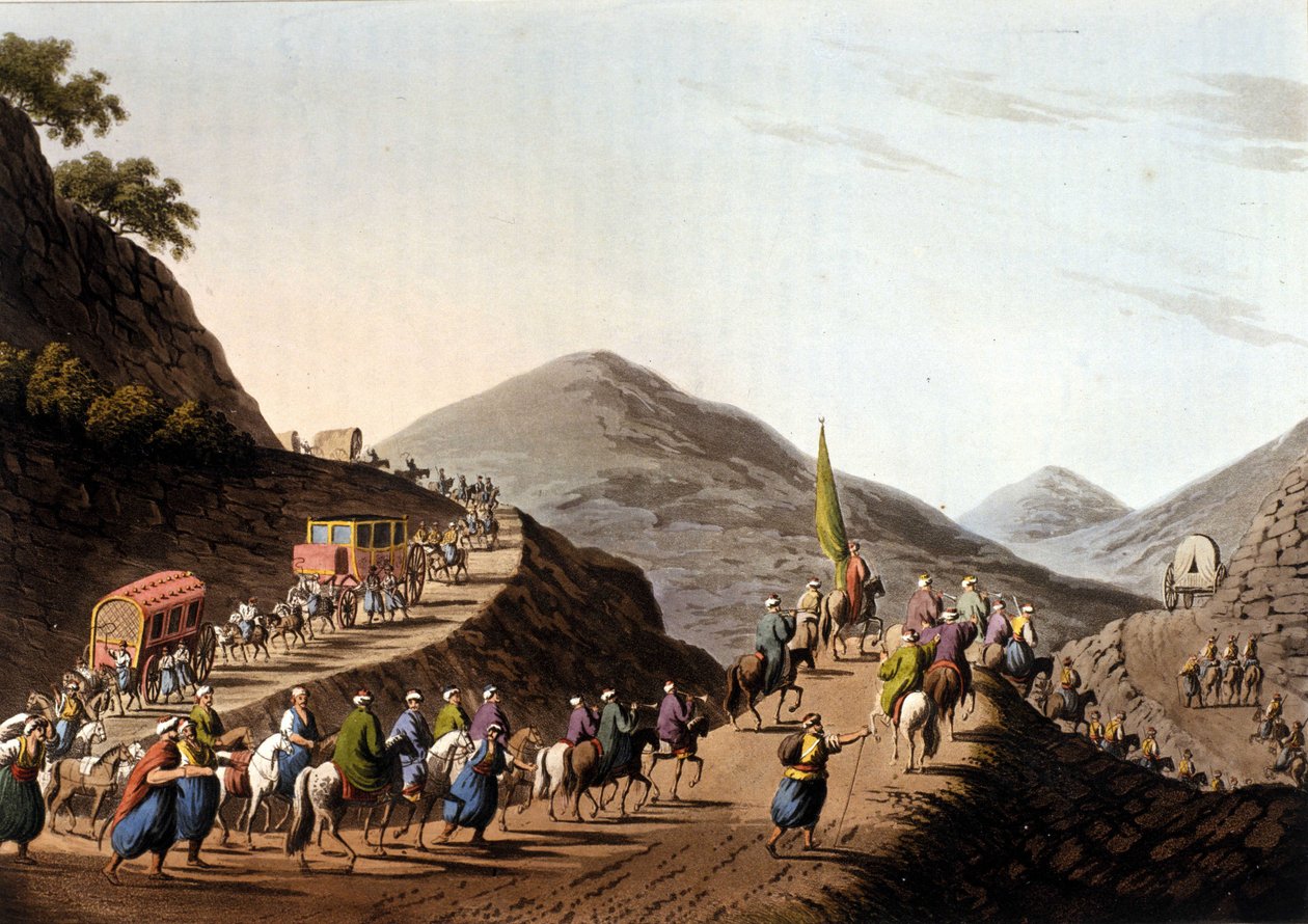 Exodus on the roads of the Balkans mountains - in “” Views in the Ottoman Dominions, in Europe, in Asia, and some of the Mediterranean islands”” from the original drawings by Luigi Mayer, London 作者 路易吉·梅耶（Luigi Mayer）
