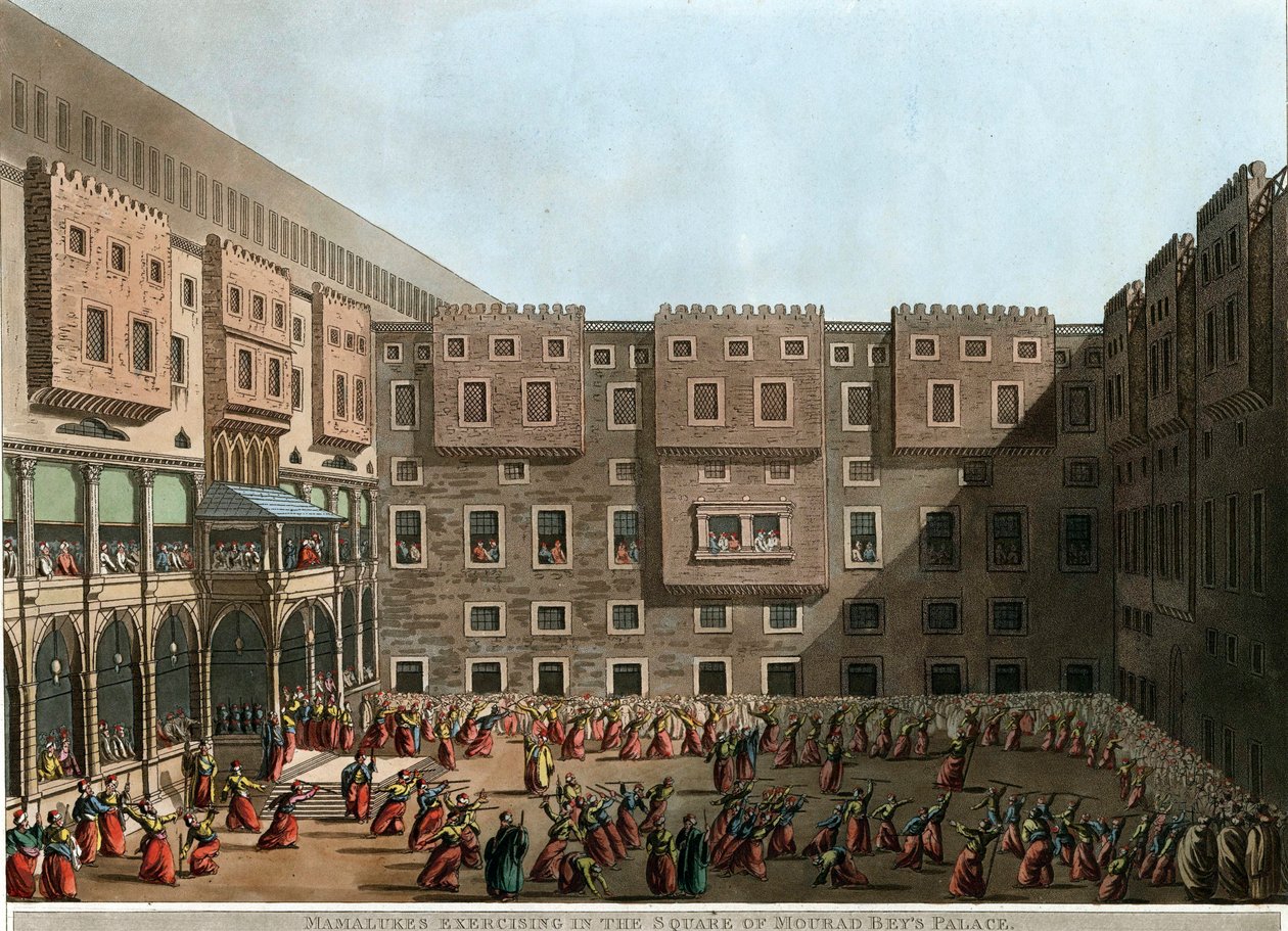 "" 马穆鲁克人在穆拉德·贝宫广场上锻炼) Luigi Mayer 的石版画 (1755-1803) - 1802 尺寸 22.9x31.6 cm 私人收藏 作者 路易吉·梅耶（Luigi Mayer）