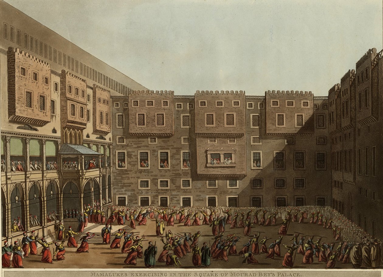 马穆鲁克斯（Mamluks）在Murad Beys Palace广场上锻炼，1802年 作者 路易吉·梅耶（Luigi Mayer）