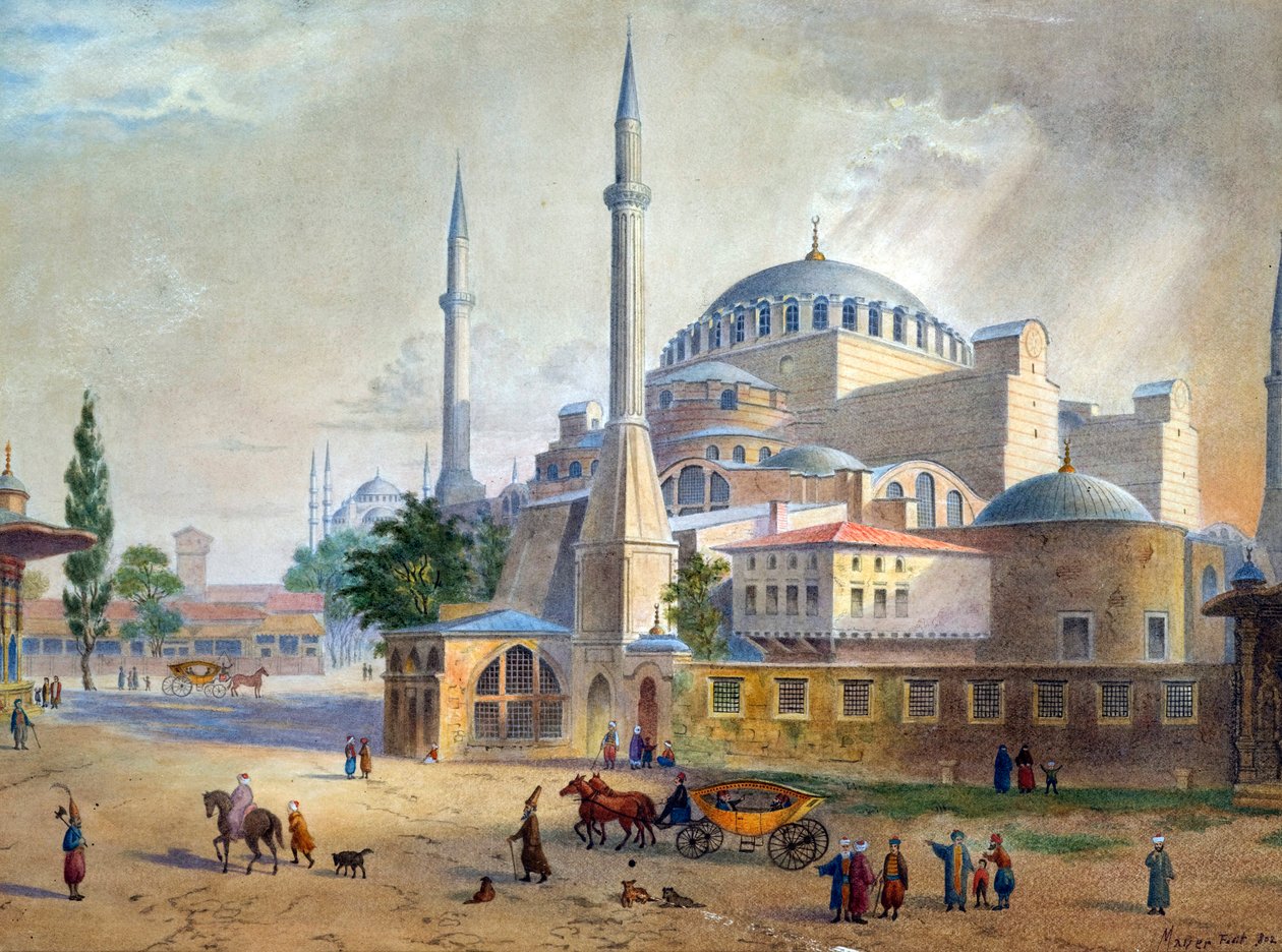 The Hagia Sophia in Constantinople par Mayer, Luigi (1755-1803). Watercolour on paper, size : 26,5x36 作者 路易吉·梅耶（Luigi Mayer）