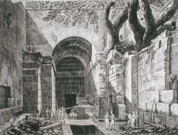阿尔巴诺湖甘道夫城堡的罗马人遗迹，摘自1824-26年出版的《Le Antichita dei Contorni di Roma》（蚀刻画）。 作者 路易吉·罗西尼（Luigi Rossini）