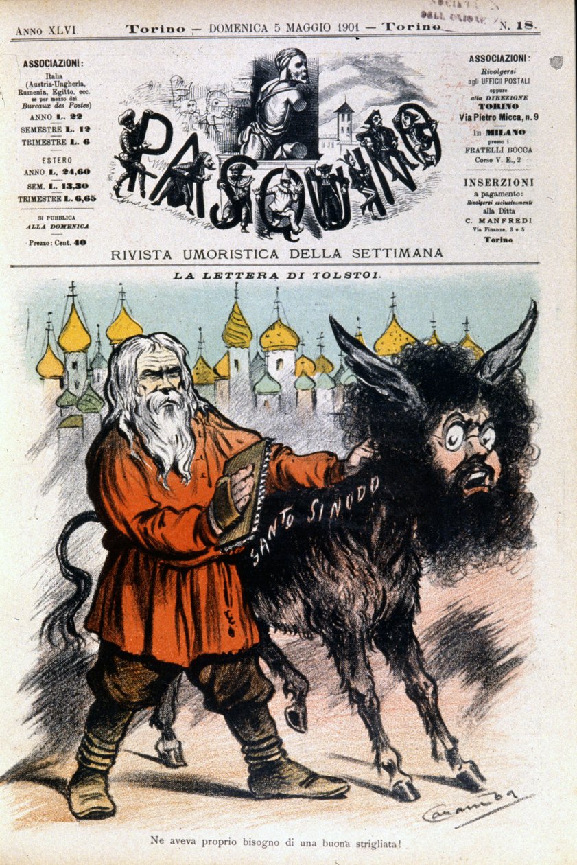 Luigi Sapelli Caramba（1865-1936）关于托尔斯泰的漫画，涉及托尔斯泰给教廷的信。1901年5月5日《帕斯基诺》的封面。 作者 路易吉·萨佩利·卡兰巴（Luigi Sapelli Caramba）