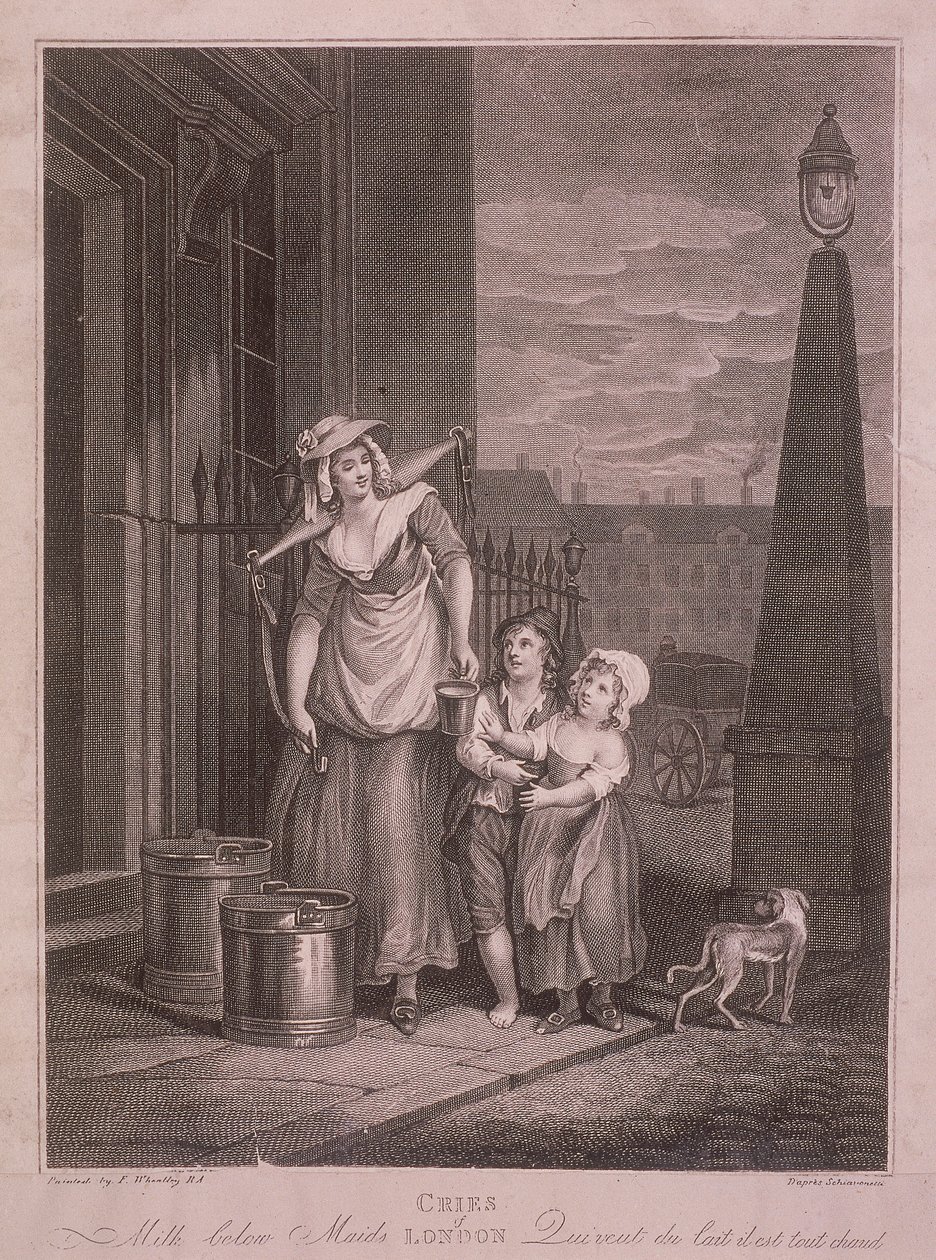 女仆下面的牛奶》，《伦敦的呼声》，约1795年 作者 路易吉·夏瓦尼蒂（Luigi Schiavonetti）
