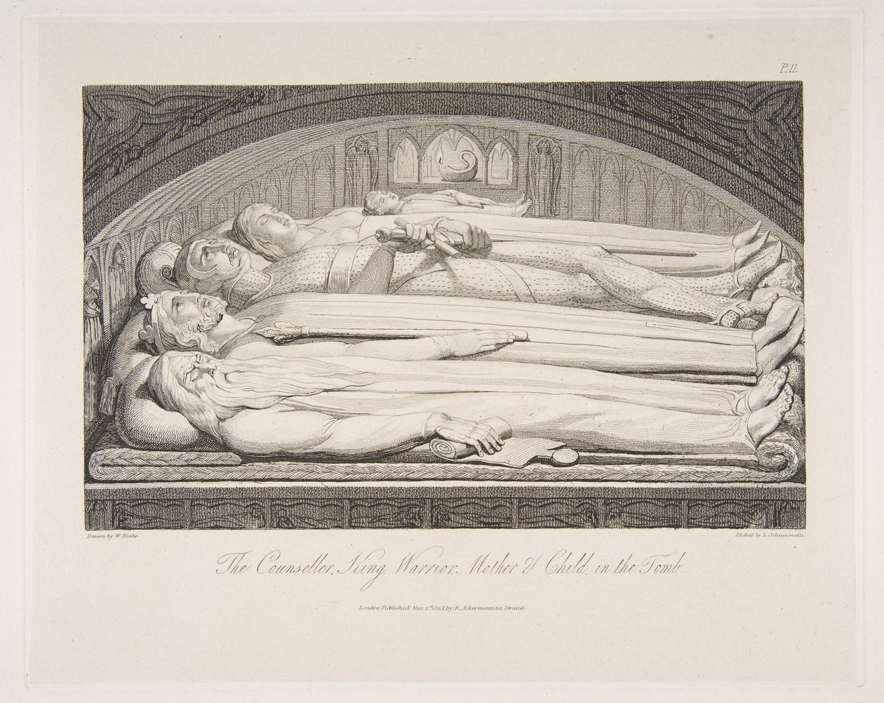 坟墓中的参赞，国王，战士，母亲和儿童，摘自《坟墓，一首诗》，1813年3月1日。 作者 路易吉·夏瓦尼蒂（Luigi Schiavonetti）