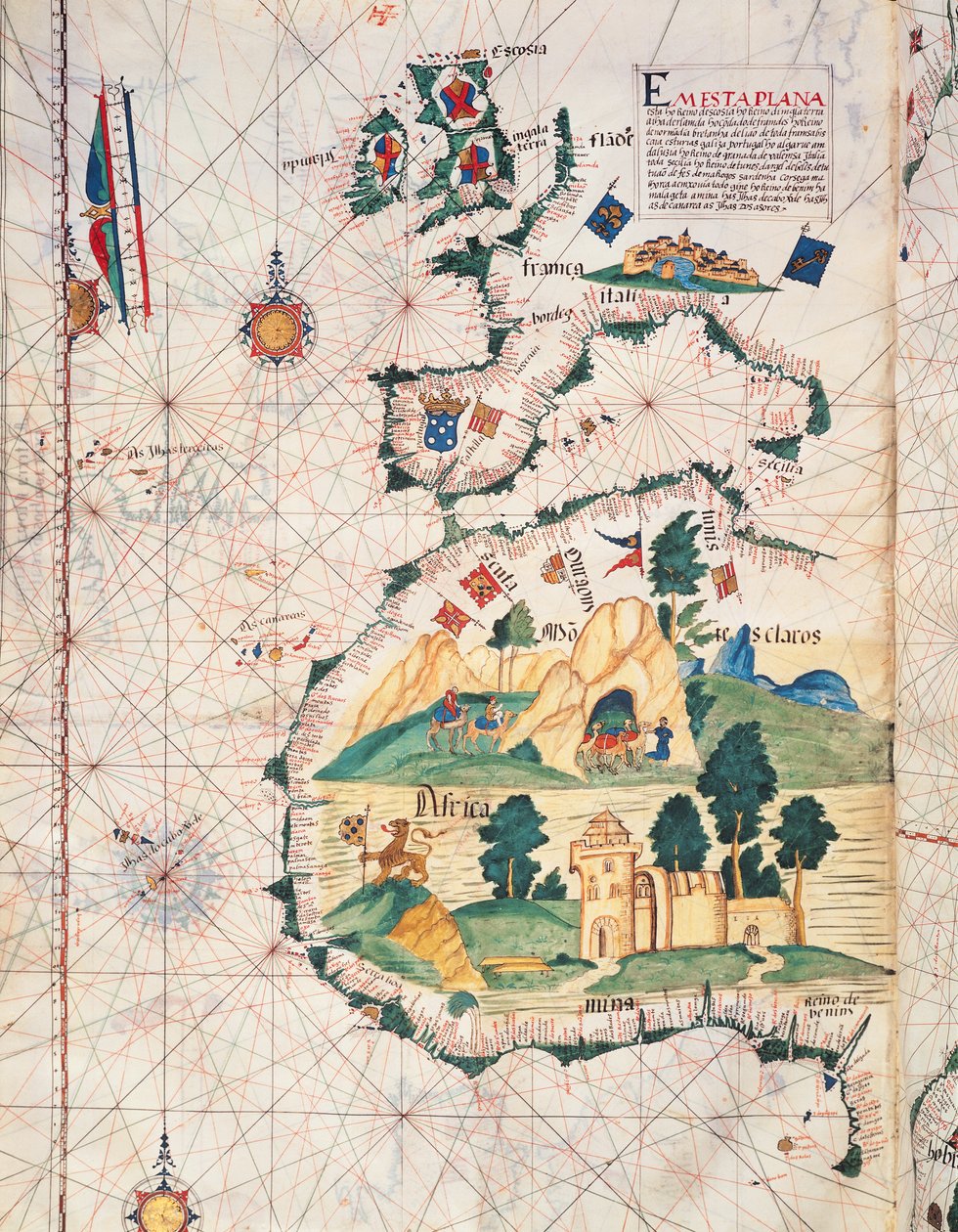 Fol.5v英国，欧洲和西北非地图，来自Portugaliae Monumenta Cartographica，描述了Fernao Gomez的发现，从1470年至1875年，1563年 作者 路易斯·拉萨罗（Luis Lazaro）