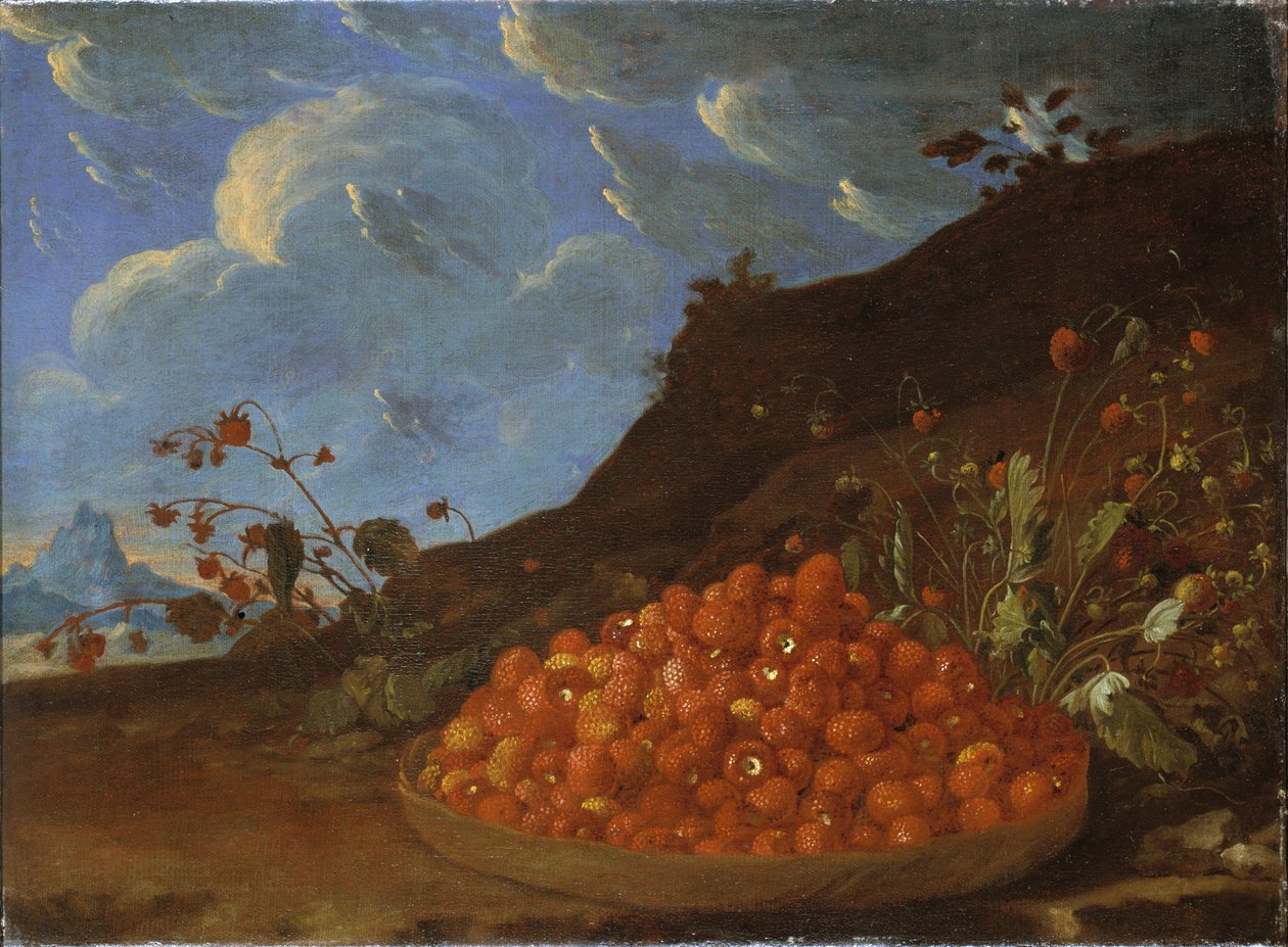 野草莓篮子在风景的，c.1770 作者 路易斯·梅嫩德斯（Luis Menendez）或梅伦德斯（Melendez）