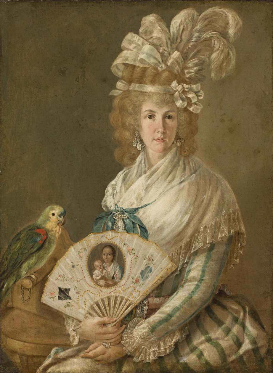 一位夫人的画象有鹦鹉的，在画布的c.1785-90油 作者 路易斯·帕雷特·阿尔卡扎