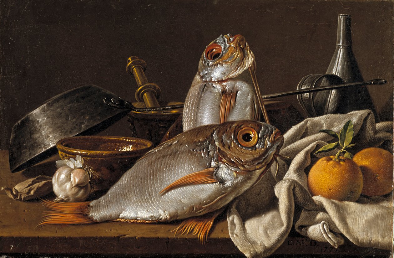 静物：鳊鱼、橘子、大蒜和厨房用具 par Melendez, Luis Egidio (1716-1780) 作者 路易斯·埃吉迪奥·梅伦德斯