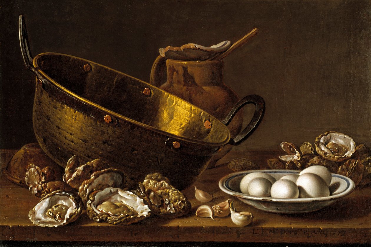 Still life with oysters, garlic and eggs par Melendez, Luis Egidio (1716-1780) 作者 路易斯·埃吉迪奥·梅伦德斯