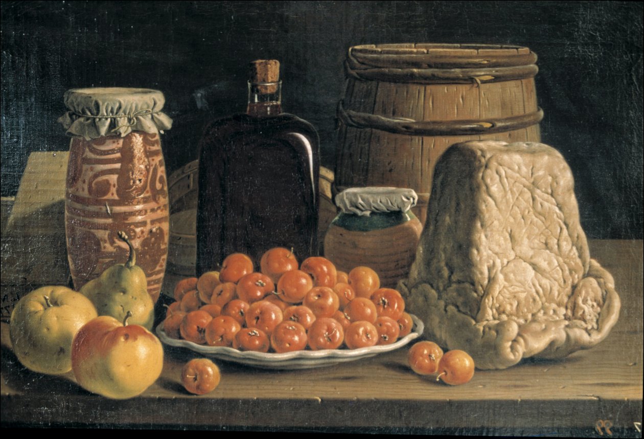 水果和奶酪静物画 作者 路易斯·埃吉迪奥·梅嫩德斯（Luis Egidio Menendez）或梅伦德斯（Melendez）