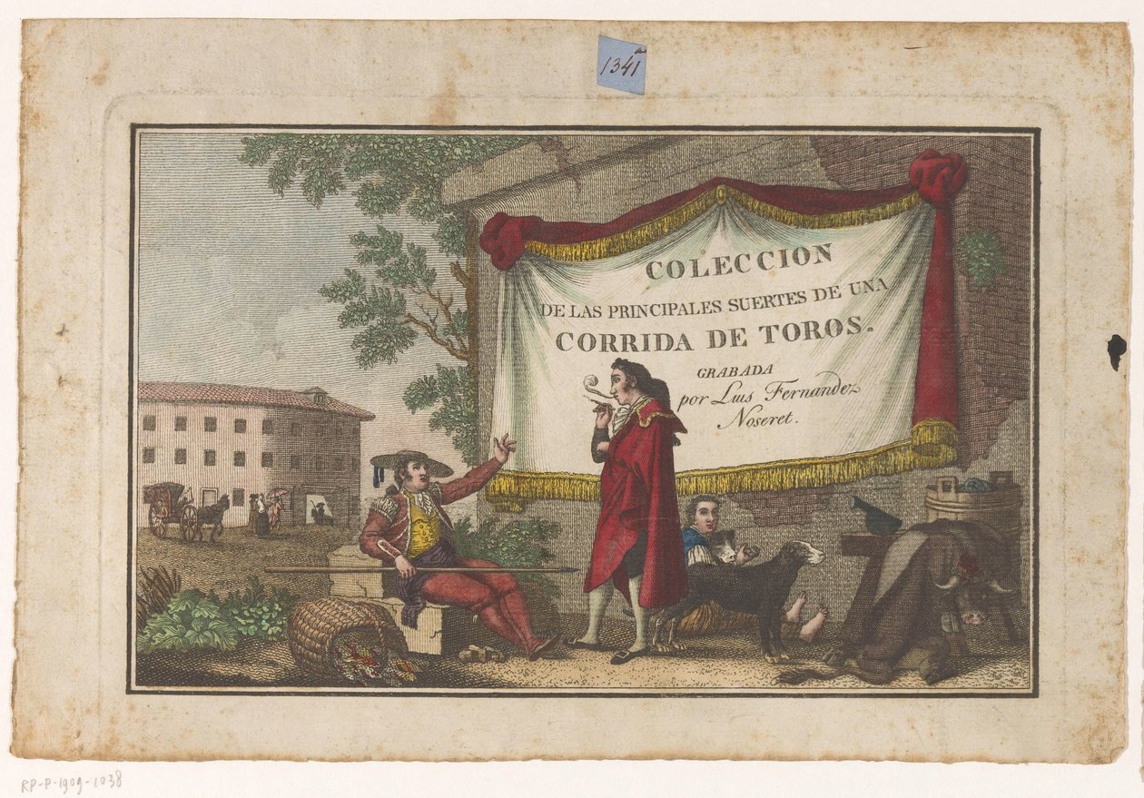 展示斗牛士和牛皮的标题印刷品
Coleccion de las principales suertes de una corrida de toros（系列标题，印在实物上）
斗牛中最重要的动作集（系列名称） 作者 路易斯·费尔南德斯·诺塞雷特