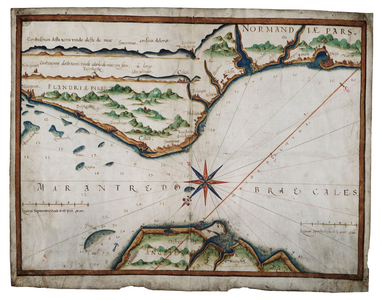 多佛尔海峡海图，约 1587-88 年（牛皮纸水彩画） 作者 路易斯·特谢拉