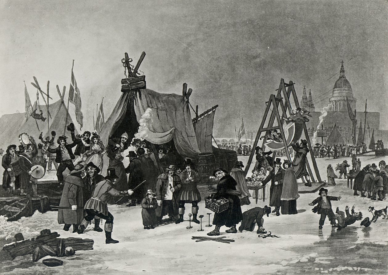 1814年2月4日，泰晤士河上的博览会，由里夫雕刻 作者 卢克·克莱内尔