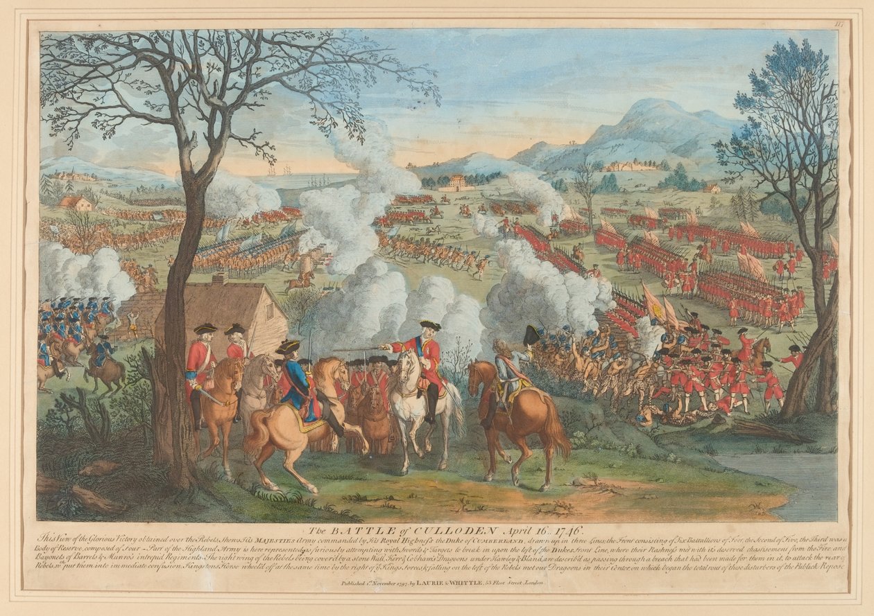 “1746 年 4 月 16 日卡洛登之战”（线条雕刻，彩色） 作者 卢克·沙利文（Luke Sullivan）