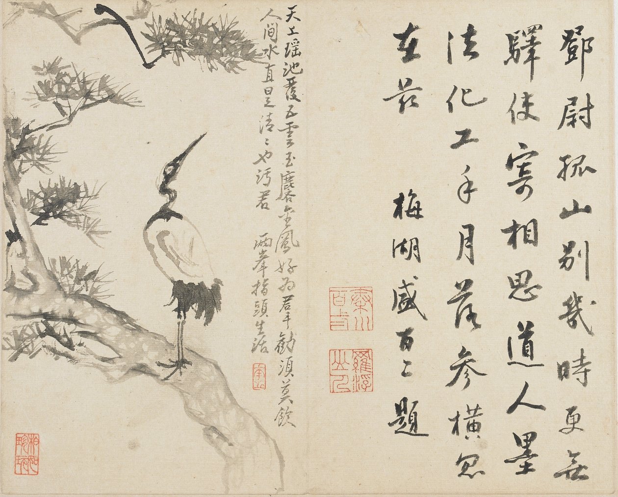 风景，花卉和鸟类：清代松树上的鹤，1780年（纸上墨水） 作者 罗平