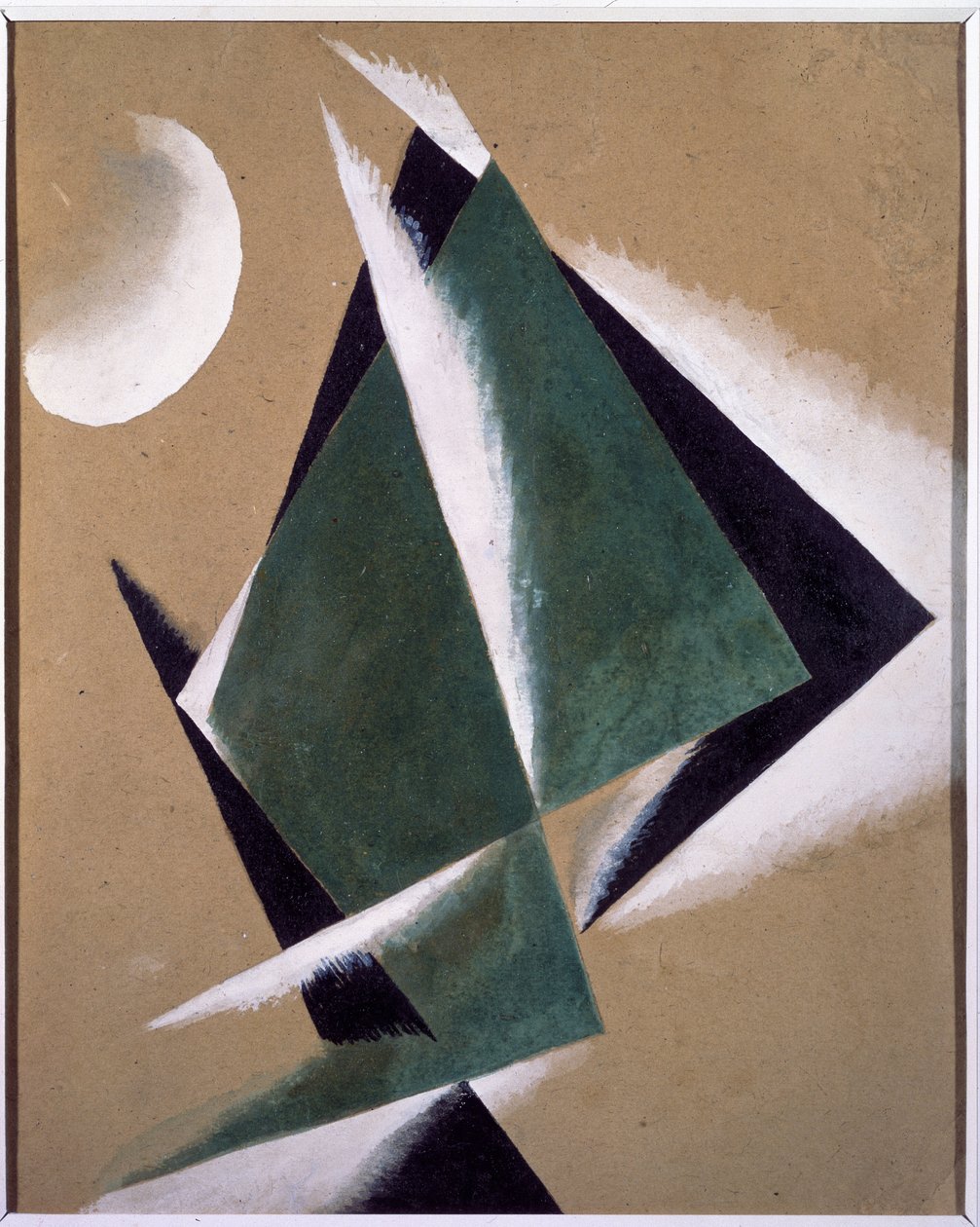 带有白色半月的建筑。Lyubov (Lyubov) Sergeyevna Popova（1889-1924 年）的作品，纸板上的水粉画 作者 柳博夫·谢尔盖维娜·波波娃