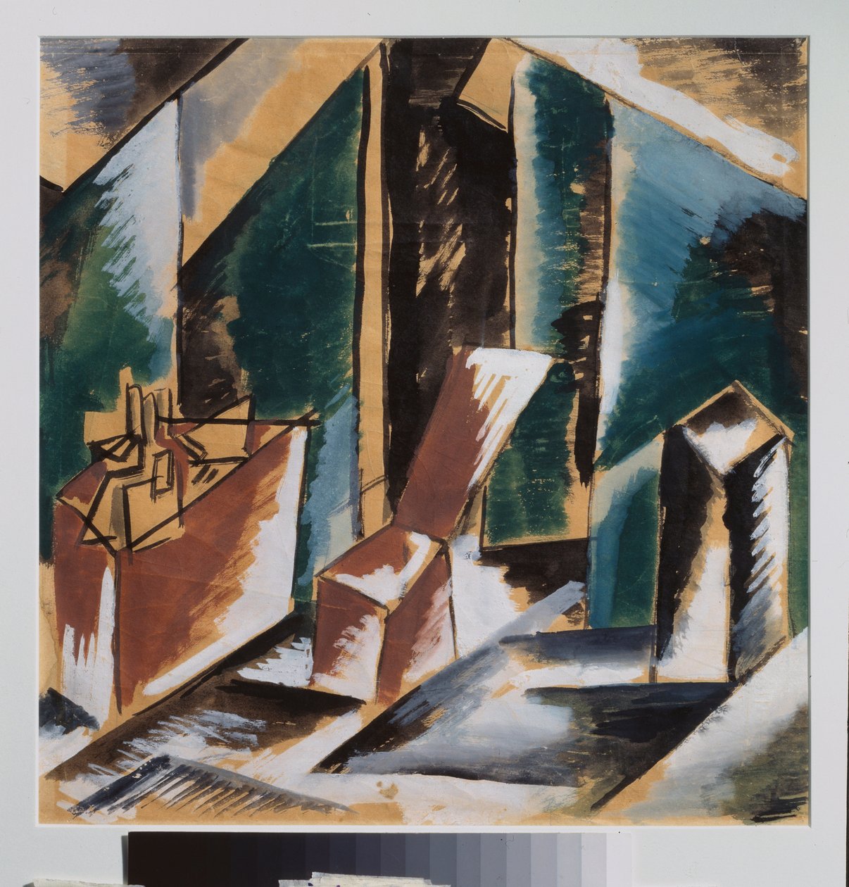 准备装饰。Lyubov (Lyubov) Sergeyevna Popova（1889-1924 年）的作品，纸上水粉画，约 1910 年。俄罗斯场景艺术，20 世纪。私人收藏。 作者 柳博夫·谢尔盖维娜·波波娃