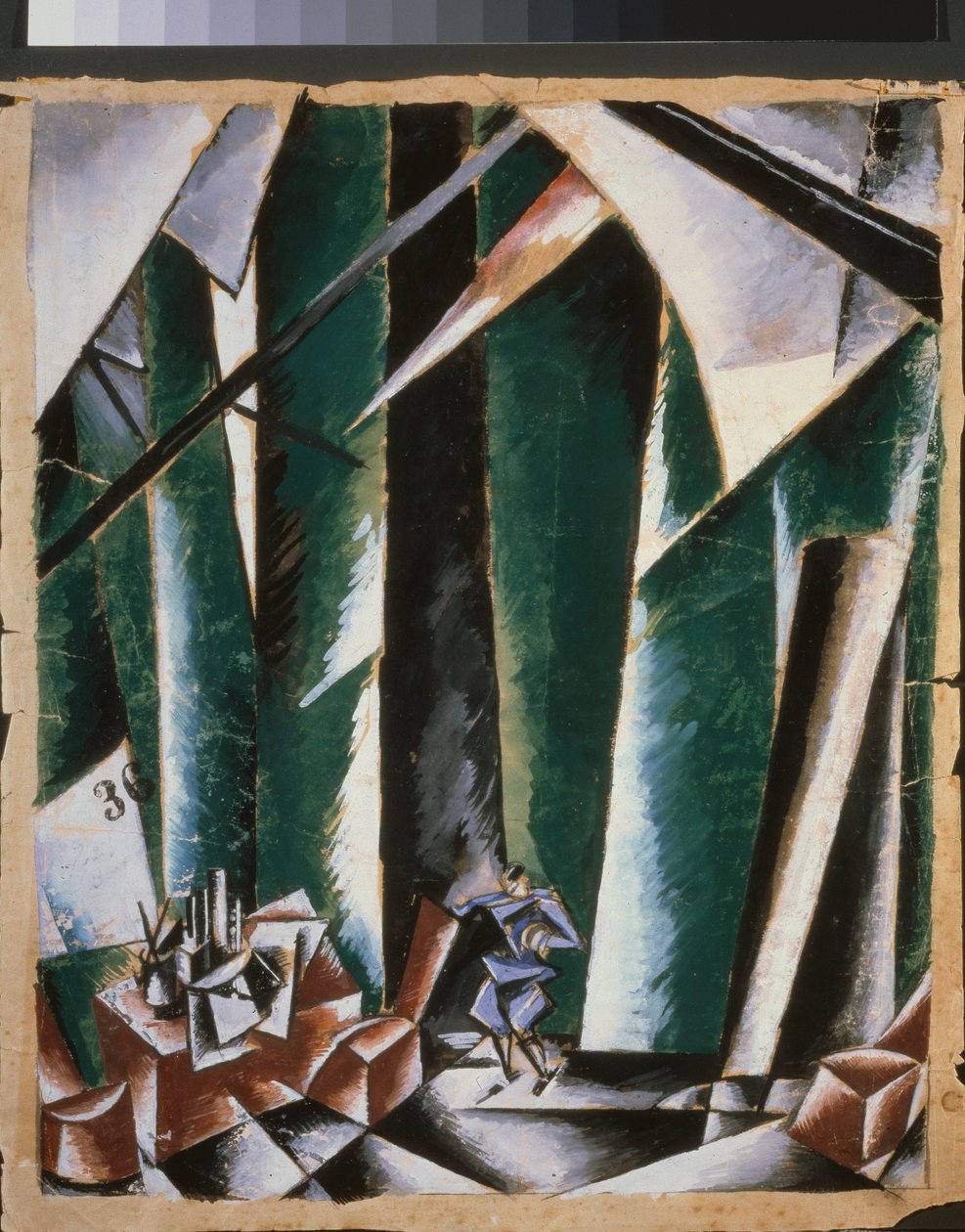 戏剧《宰相与锁匠》的准备场景。Lyubov (Lyubov) Sergeyevna Popova（1889-1924 年）的作品，纸上水粉和墨水 作者 柳博夫·谢尔盖维娜·波波娃