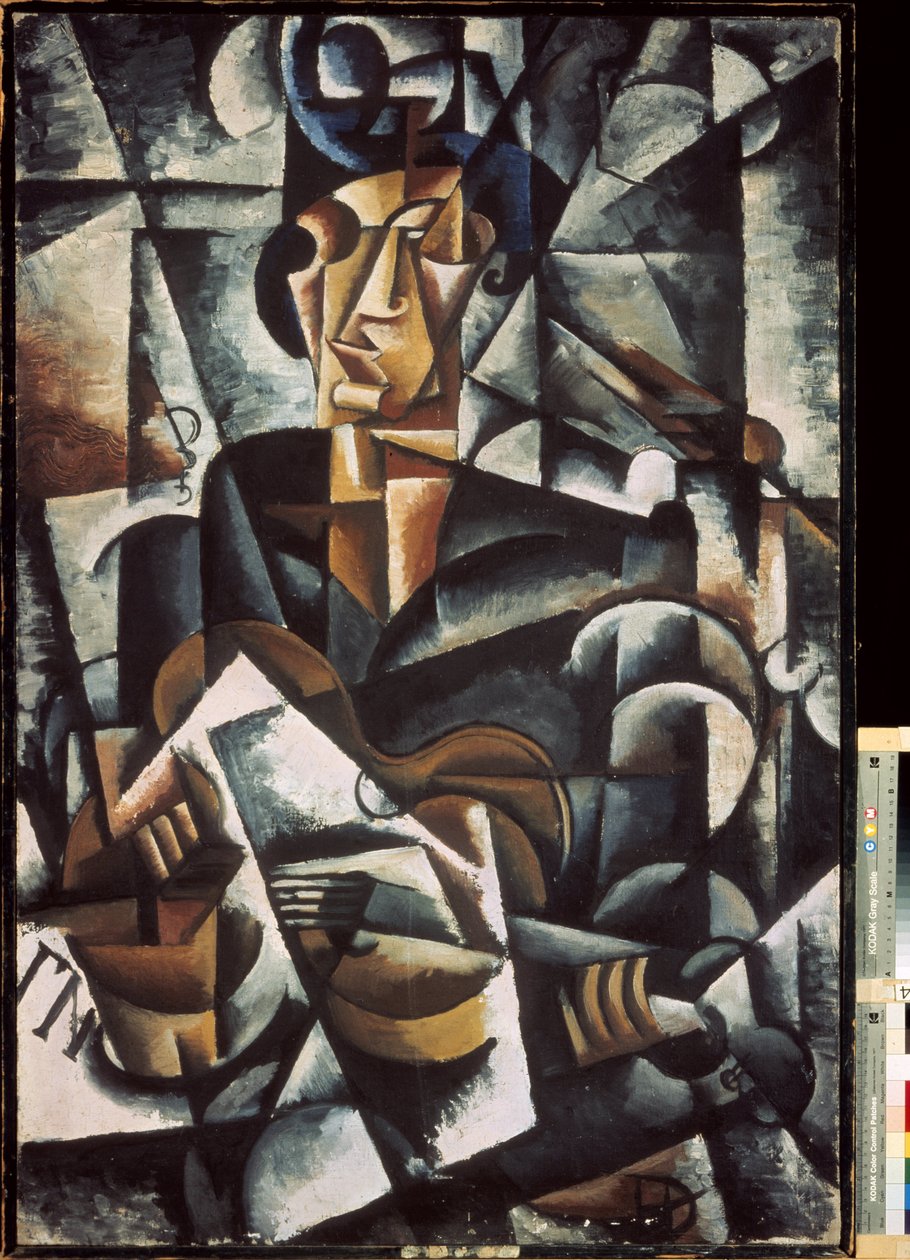 抱着吉他的女人Lyubov (Lyubov) Sergeyevna Popova（1889-1924 年）的画作，布面油画 作者 柳博夫·谢尔盖维娜·波波娃