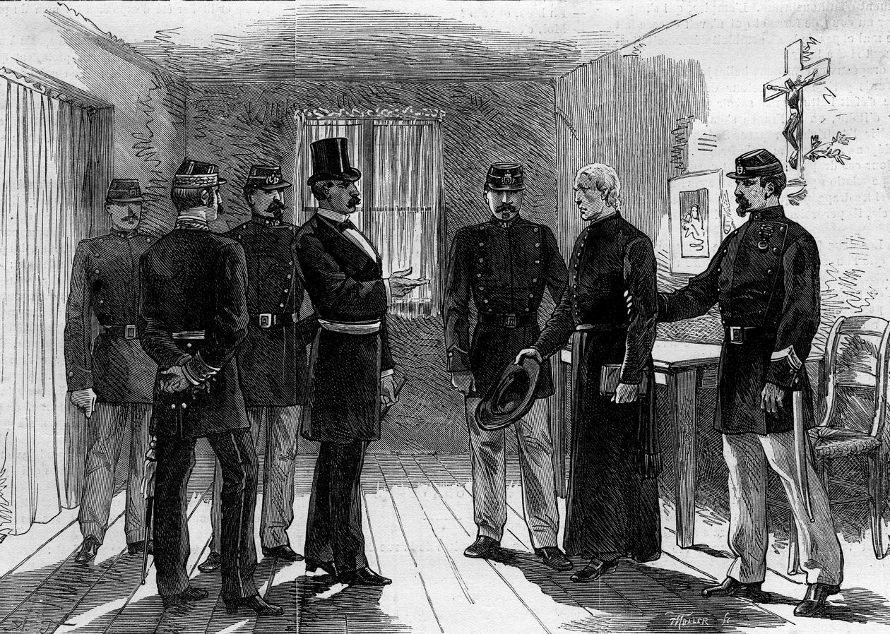 1880年3月，儒勒-费里颁布法令，取消了对未经批准的宗教团体成员的教育权，此后巴黎塞夫勒街的耶稣会被驱逐出境：一位耶稣会神父在牢房中被捕。1880年6月30日。恩 作者 M.（之后）费迪南德斯
